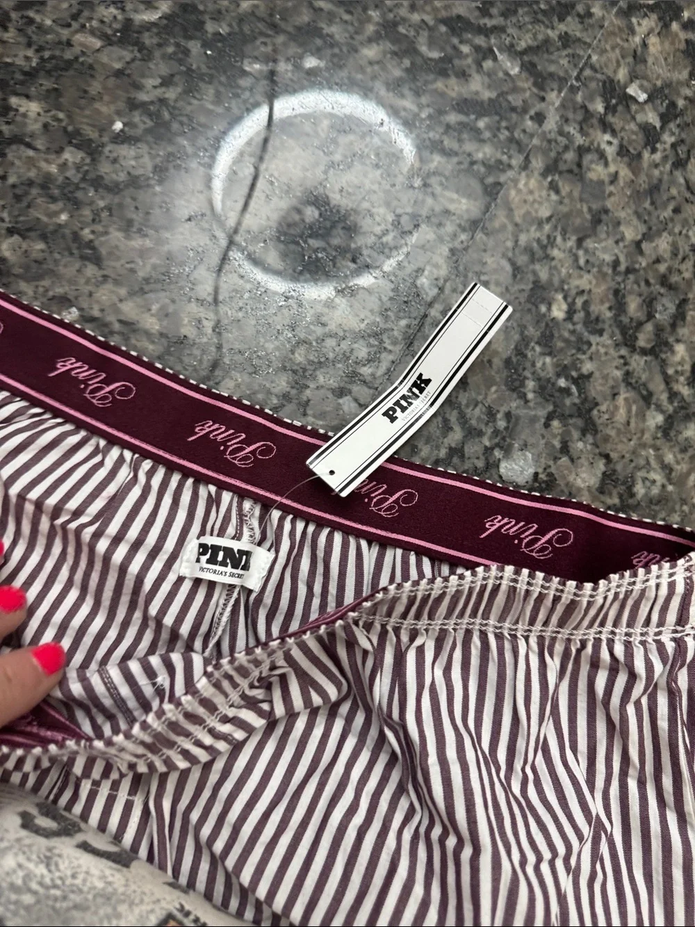 PINK Victoria's Secret cotton White & maroon Striped Boxer sleep Shorts NWT S